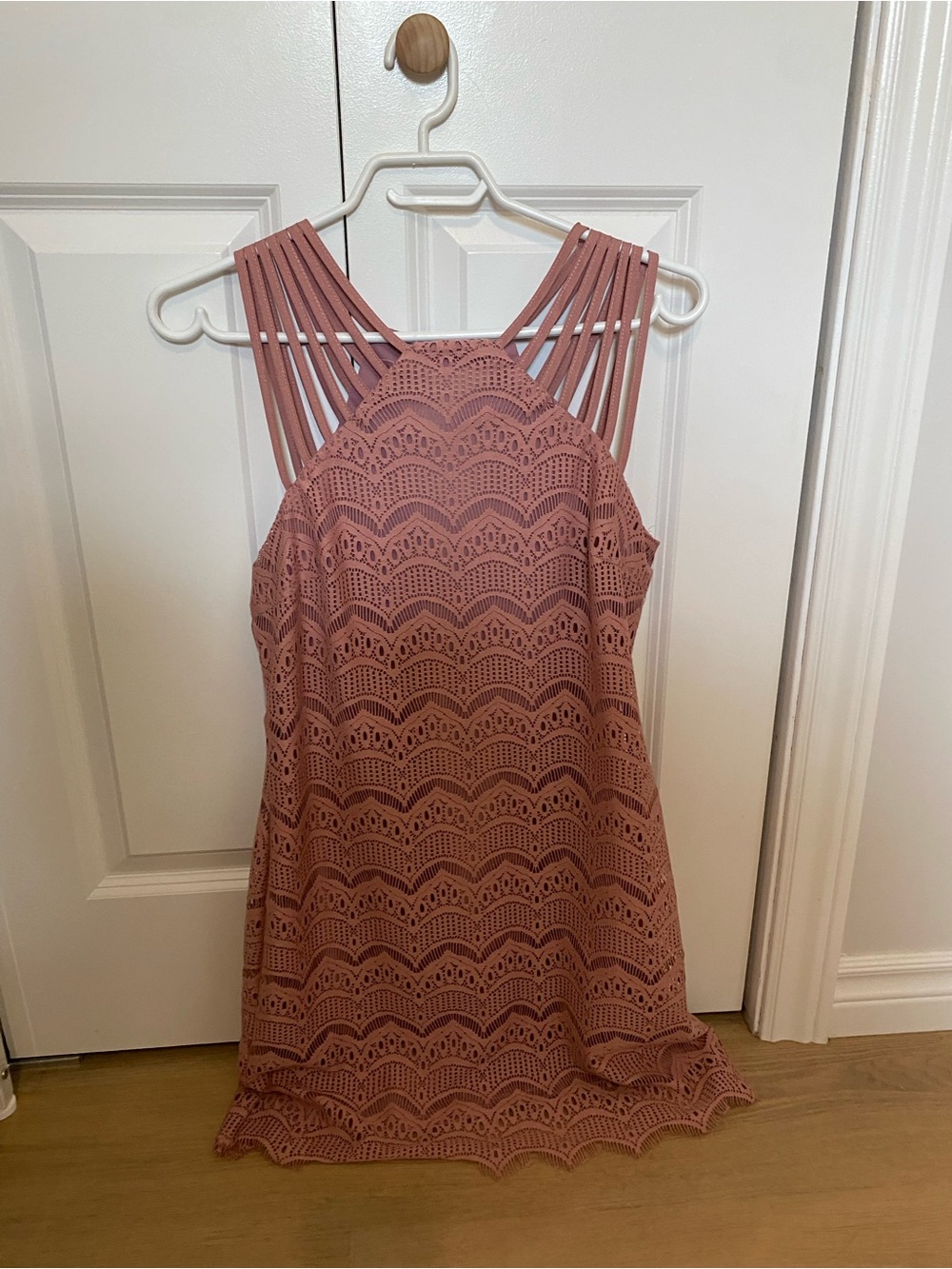 She + Sky Dusty Rose Lace Midi Dress with Multi-Strap Halter